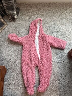 Plush Pink Hooded Footed Baby One-Piece